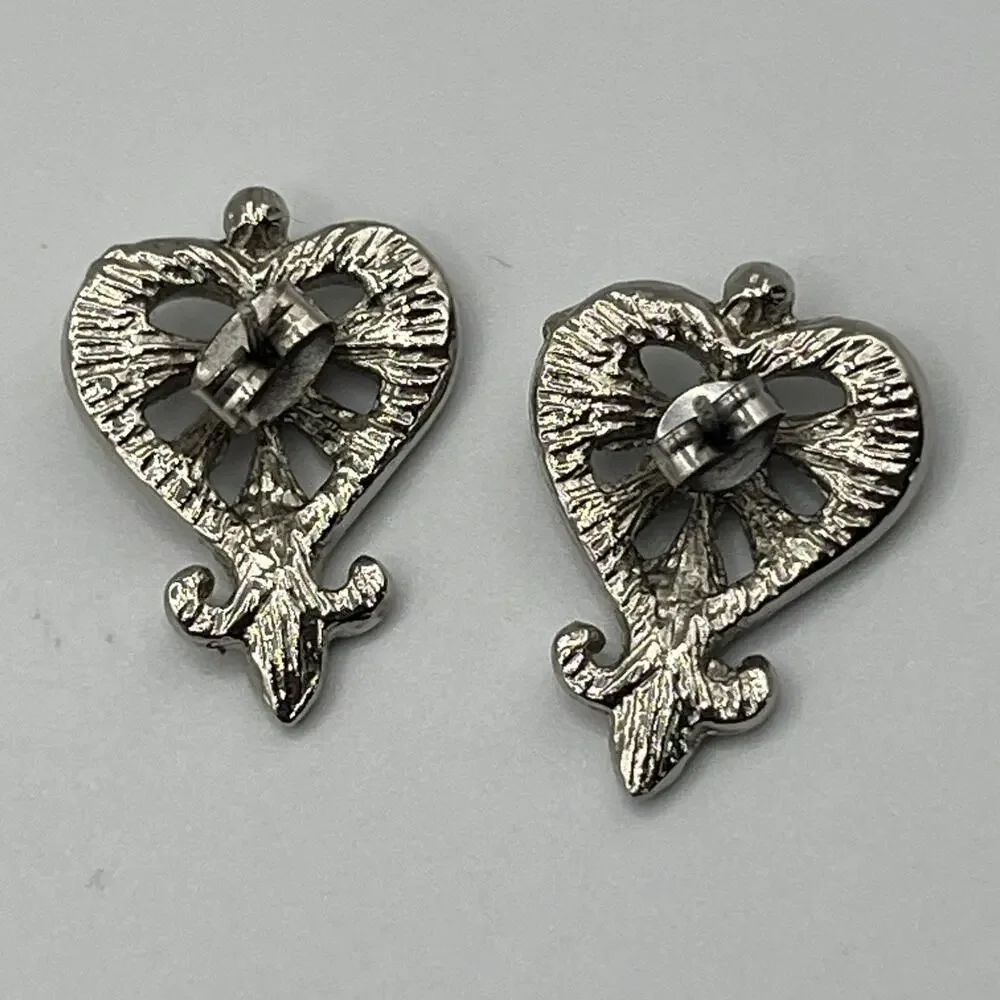 Silver Tone Ornate Filigree Scroll Heart Stud Earrings Regal Victorian Revival